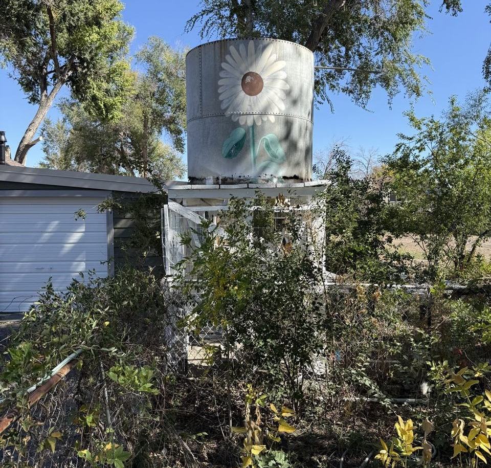 Water tower painted with a daisy